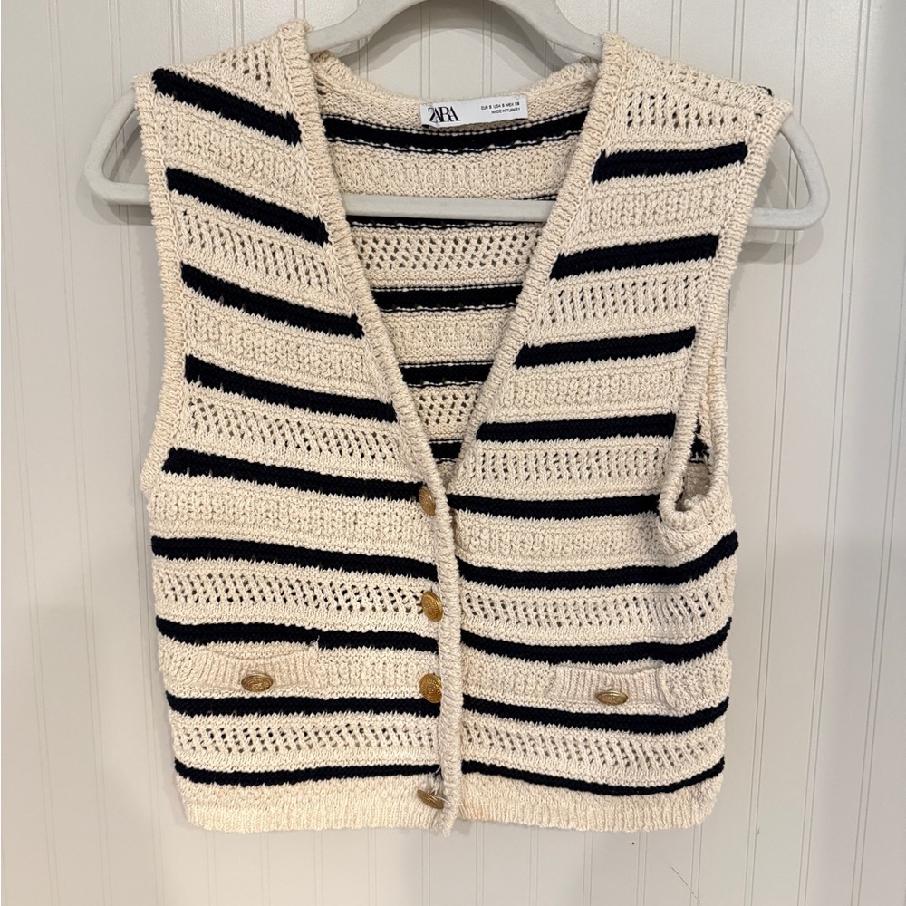 Zara Cream and Black Striped Women's Sweater Vest